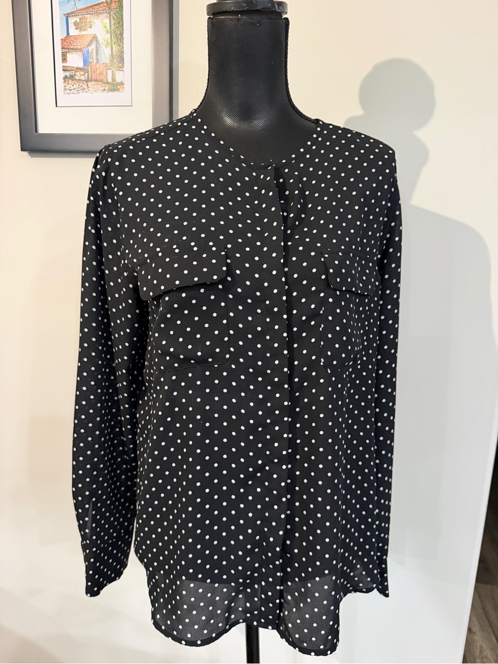 Who What Wear Women’s Black Polka Dot Button-Front Blouse L